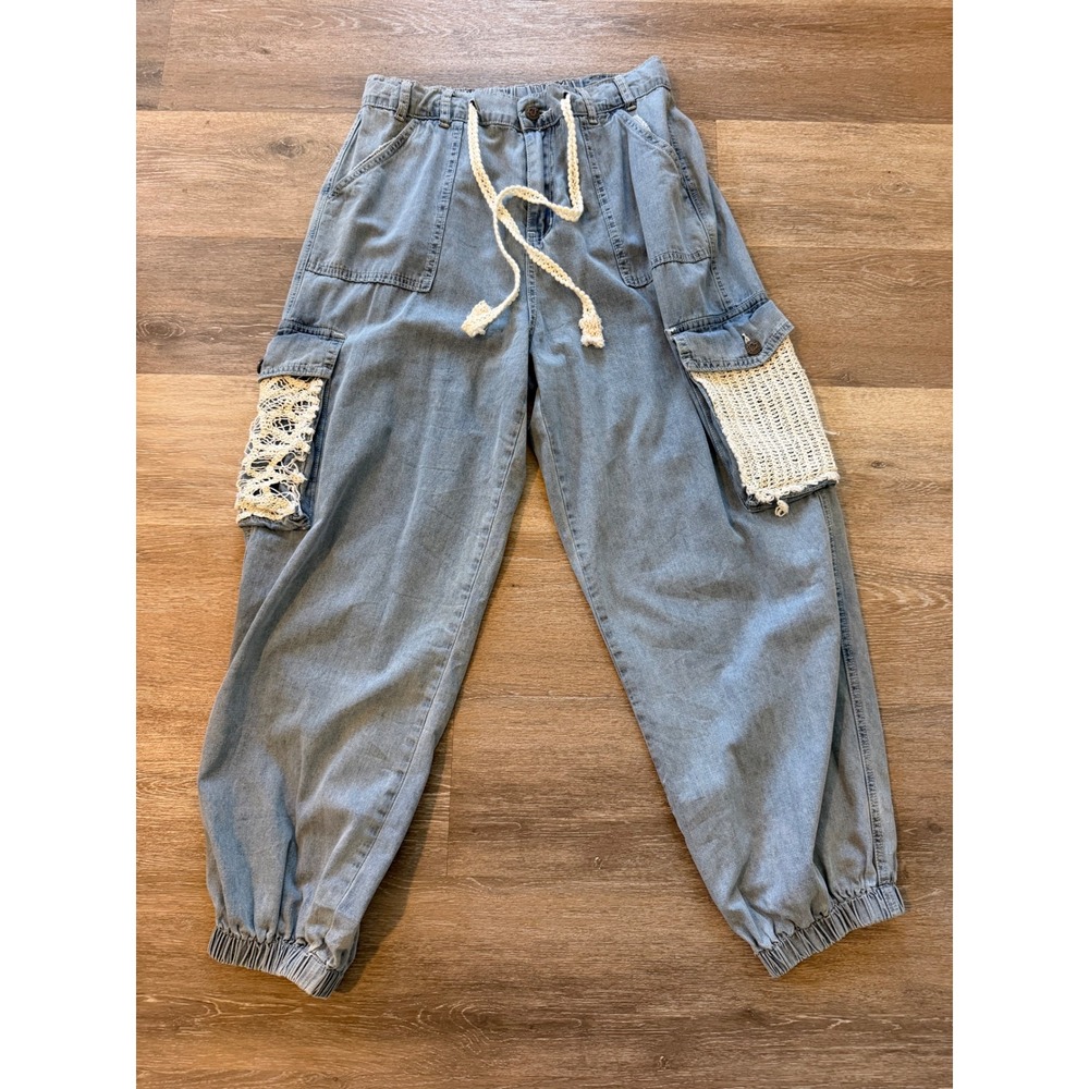 POL Clothing Crochet Lace Patchwork Cargo Jogger Pants Light Wash Denim Medium